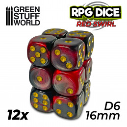 12x W6 16mm Spielwürfel - Rot Marmor