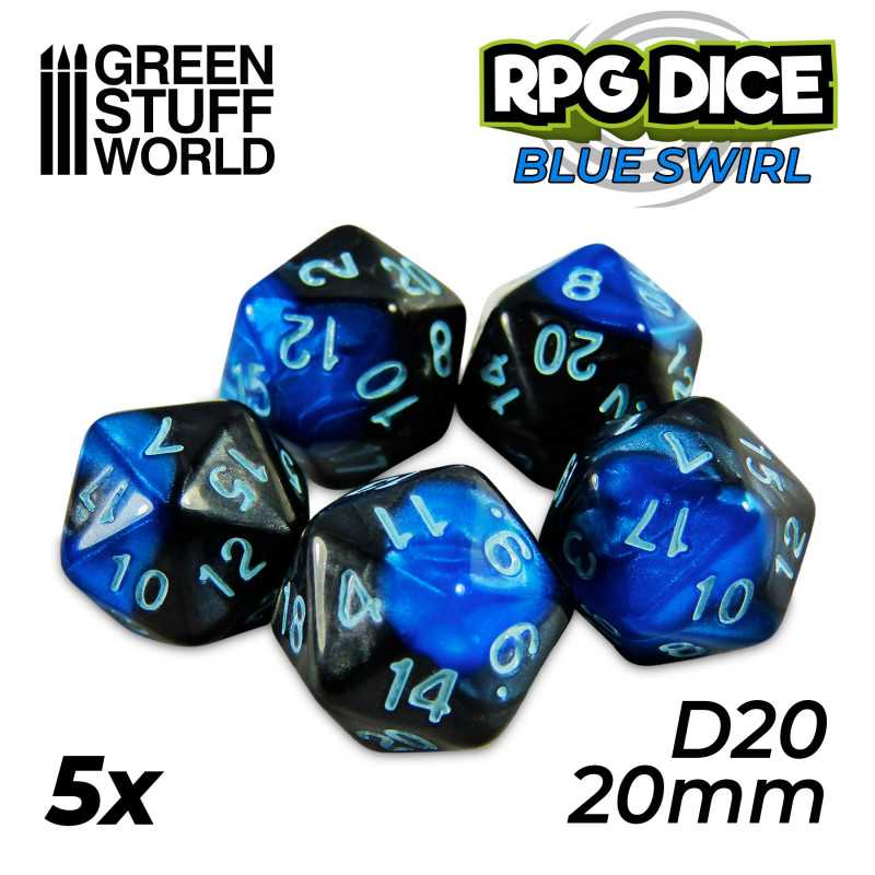 5x D20 20mm Dés de Jeu - Bleu Marbre 5x D20 20mm Dés de Jeu - Bleu Marbre