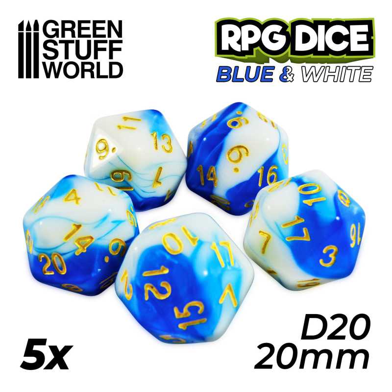 5x D20 20mm Dés de Jeu - Bleu Blanc 5x D20 20mm Dés de Jeu - Bleu Blanc