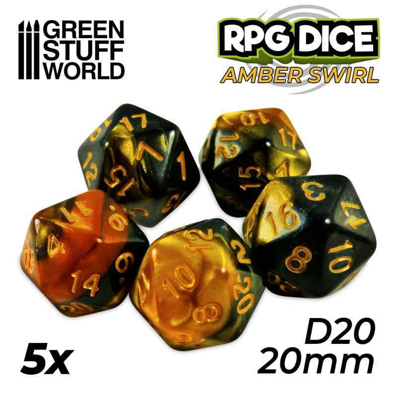 5x D20 20mm Dés de Jeu - Ambre Marbre 5x D20 20mm Dés de Jeu - Ambre Marbre