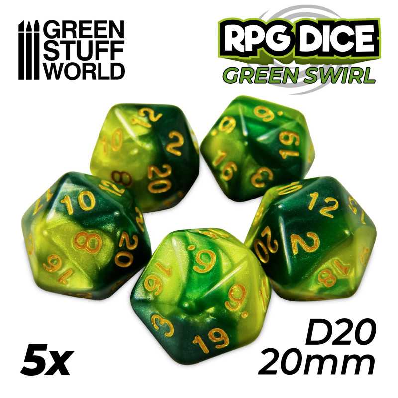 5x D20 20mm Dice - Green Swirl 5x D20 20mm Dice - Green Swirl