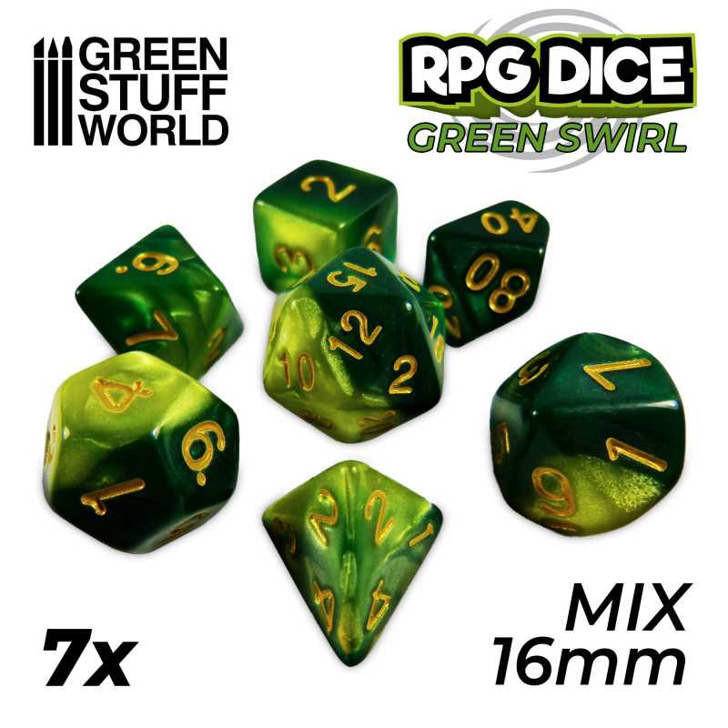 7x Mix 16mm Dés de Jeu - Vert Marbre 7x Mix 16mm Dés de Jeu - Vert Marbre