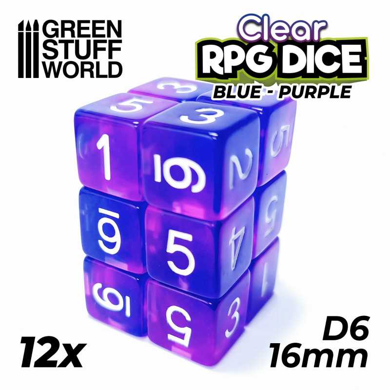 12x D6 16mm Dés de Jeu - Bleu/Lilas Transparent 12x D6 16mm Dés de Jeu - Bleu/Lilas Transparent
