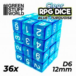 36x D6 12mm Dés de Jeu - Bleu/Turquoise Transparent