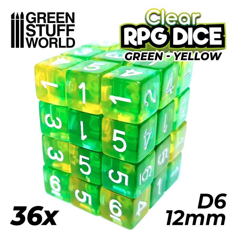 36x D6 12mm Dés de Jeu - Vert/Jaune Transparent 36x D6 12mm Dés de Jeu - Vert/Jaune Transparent