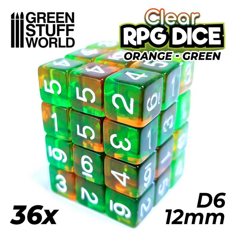 36x D6 12mm Dés de Jeu - Orange/Vert Transparent 36x D6 12mm Dés de Jeu - Orange/Vert Transparent