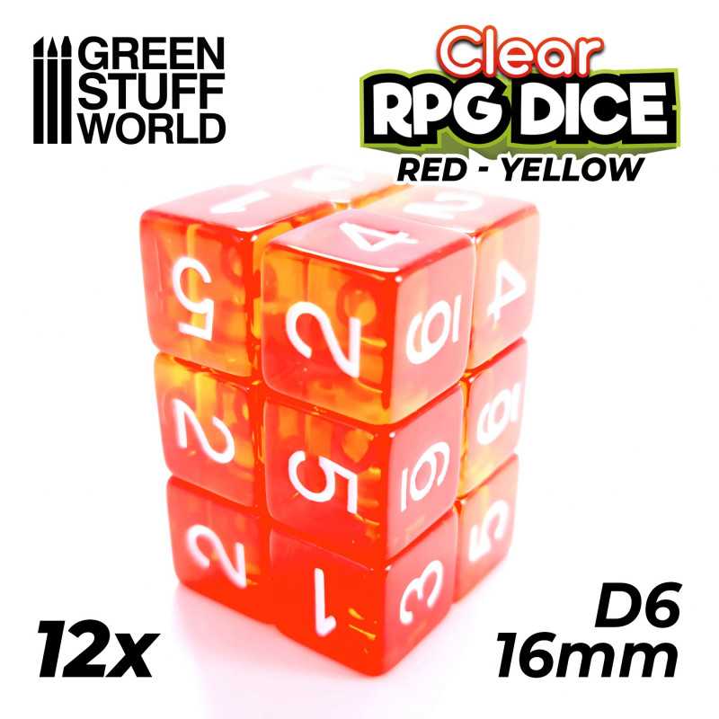 12x D6 16mm Dés de Jeu - Rouge/Jaune Transparent 12x D6 16mm Dés de Jeu - Rouge/Jaune Transparent