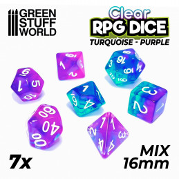 7x Dados Mix 16mm - Turquesa/Lila Transparente