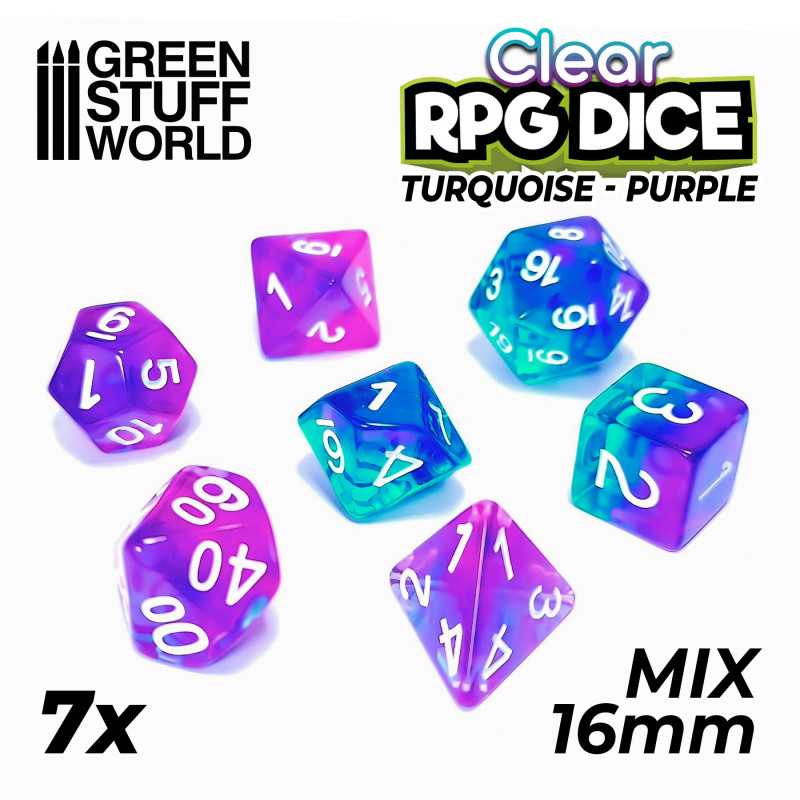 7x Dados Mix 16mm - Turquesa/Lila Transparente 7x Dados Mix 16mm - Turquesa/Lila Transparente