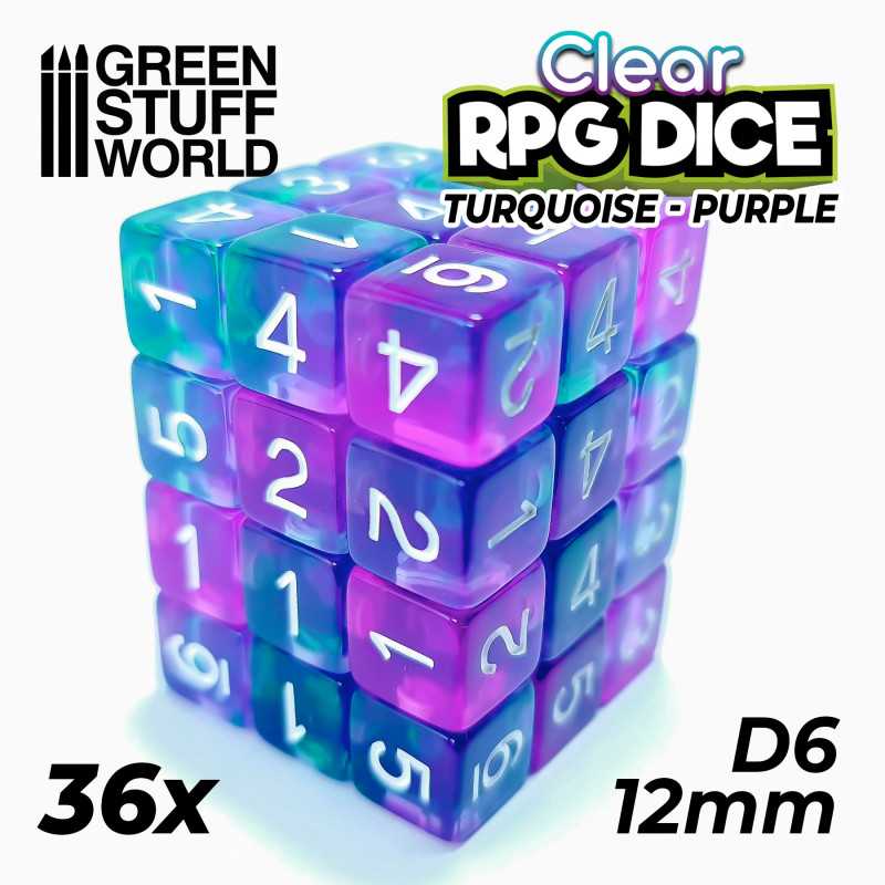 36x D6 12mm Dés de Jeu - Turquoise/Lilas Transparent 36x D6 12mm Dés de Jeu - Turquoise/Lilas Transparent